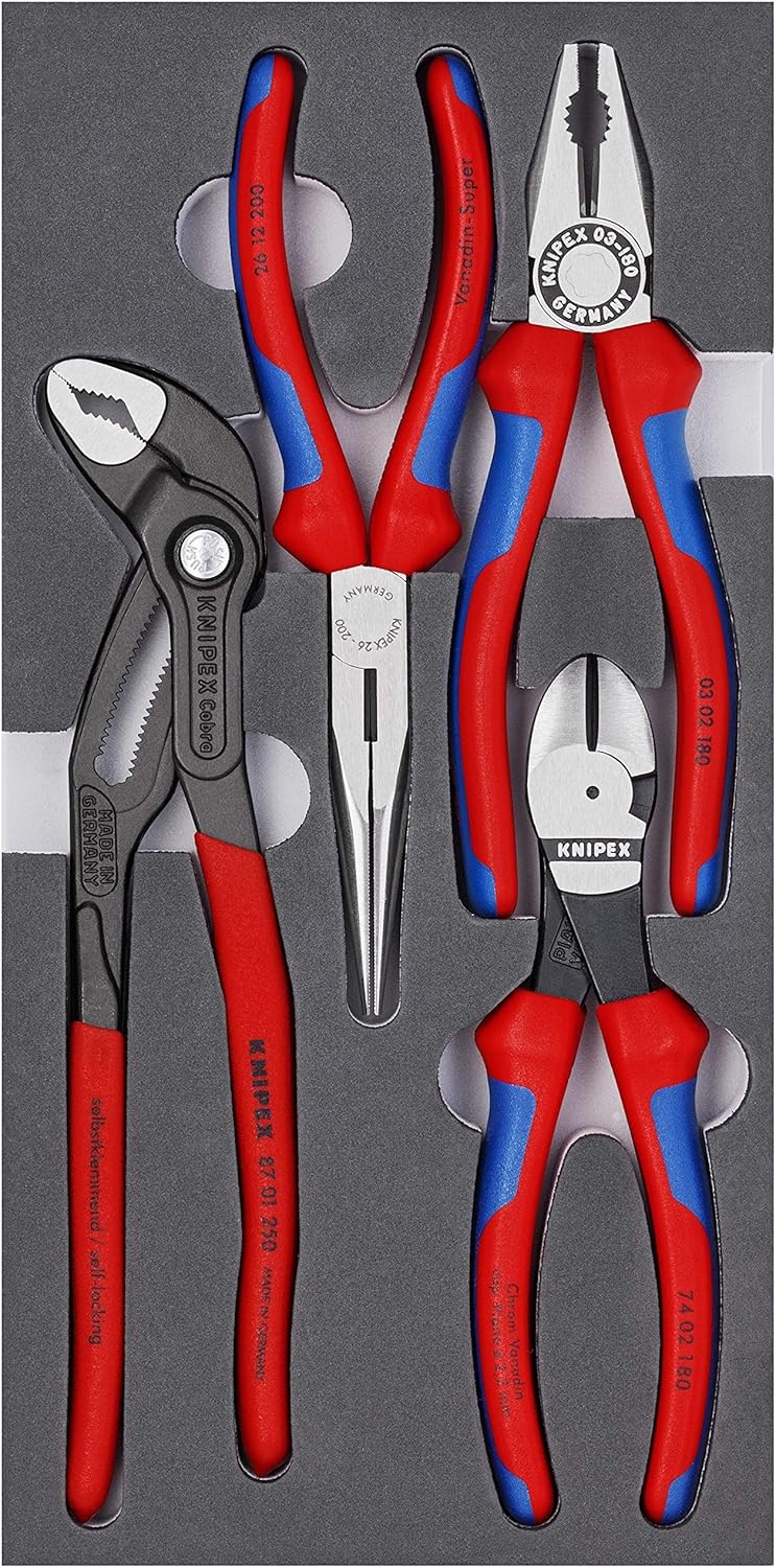 KNIPEX - 00 20 01 V15 Tools - 4 Piece Basic Pliers Set in Foam Tray (002001V15), Red