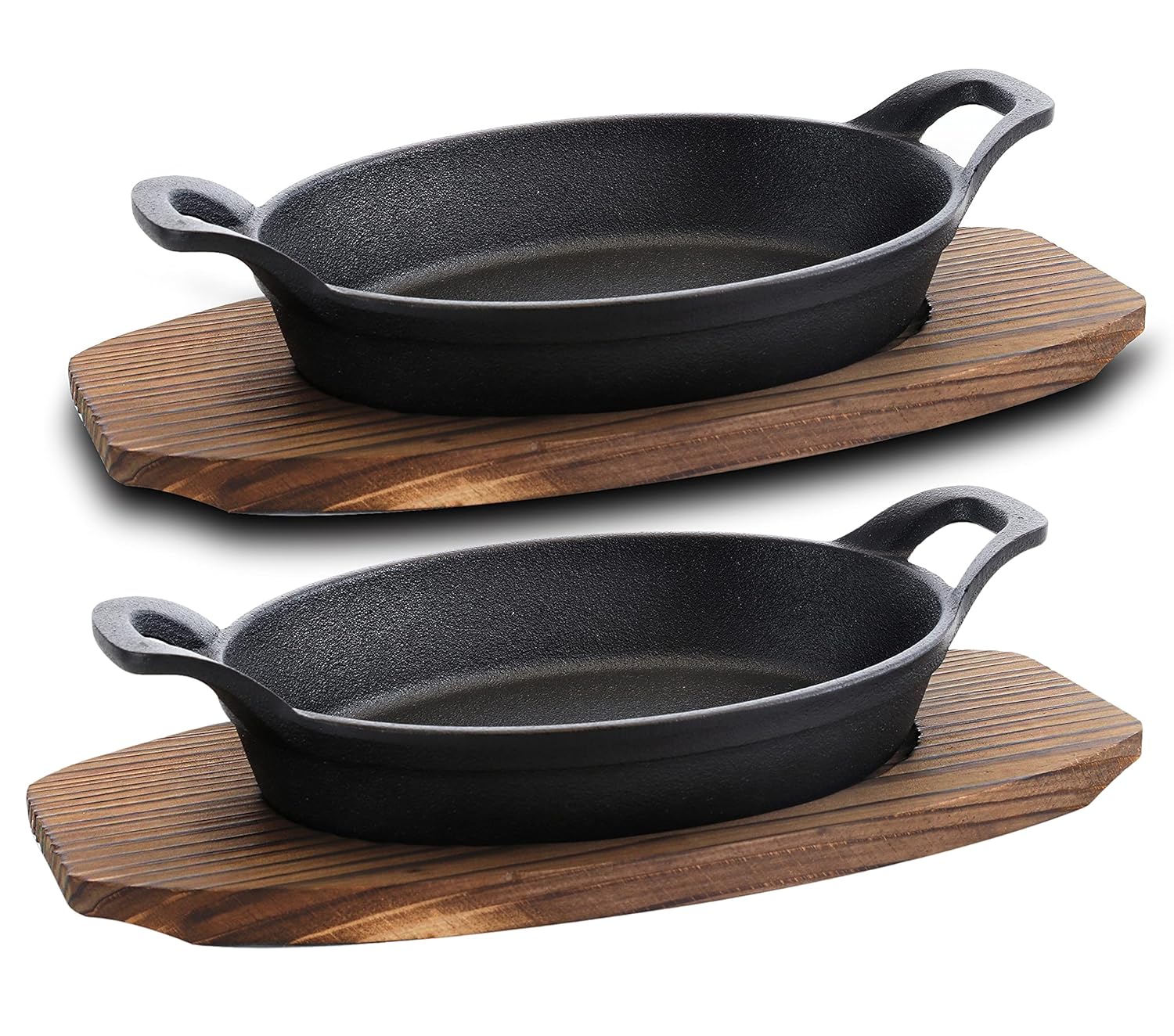 Bruntmor Mini Cast Iron Sizzler Plates Skillet Set Of 4. Oval Fajita Plate With Wooden Base\/Pan Tray Serving Sizzling Dish And Fajitas, Hot Steak Skillet Dish Without Sinking (2 Sets)