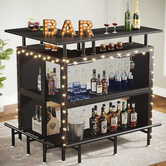 Tribesigns Home Bar Unit, L-Shaped Bar Table with Stemware Racks and 2-Tier Shelves, Corner Mini Coffee Liquor Cabinet with Footrest for Home\/Kitchen\/Pub, Black