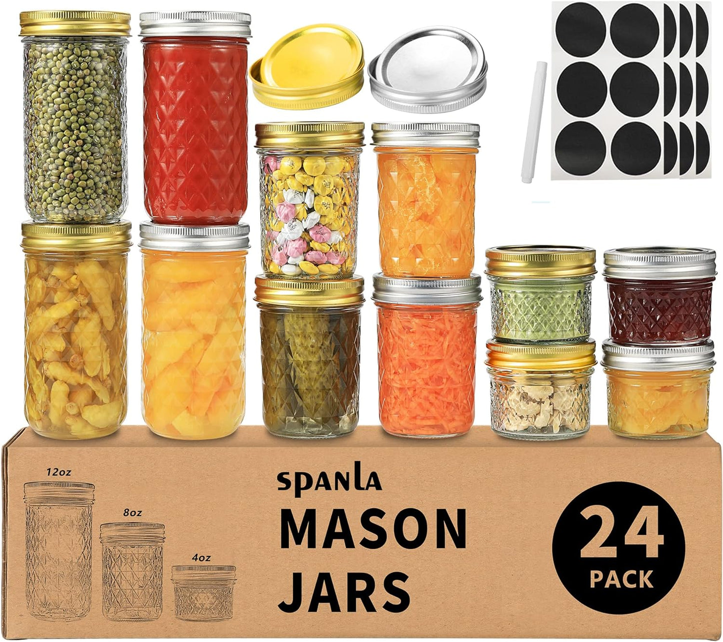 Mason Jars Canning Jars, 24 Pack Jelly Jars With Regular Lids, Ideal for Jam, Honey, Wedding \/ Shower Favors, DIY Magnetic Spice Jars - 4 OZ x 8, 8 OZ x 8, 12 OZ x 8 (4oz -8oz-12oz)