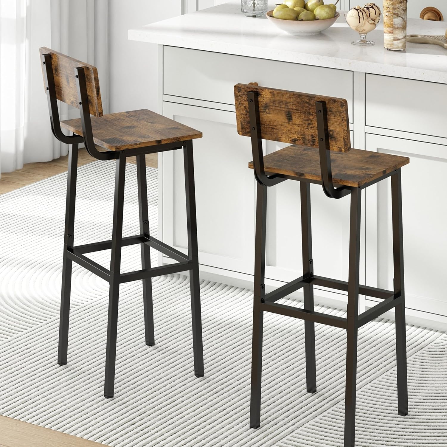 GILLAS Set of 2 Bar Stools, Tall Bar Stool with Backrest and Footrest, Tall Bar Chairs, Industrial Style Counter Height Bar Stool for Dining Room, Kitchen, Rustic Brown