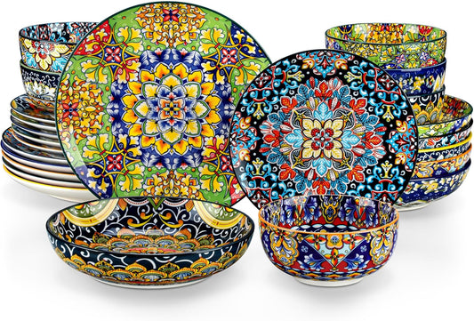 vancasso 24 Pieces Dinnerware Sets, Plates and Bowls Set, Porcelain Dishes Set for 6, Microwave and Dishwasher Safe, Scratch Resistant, Bohemian Style Dining Ware Service for 6, Series SIMI