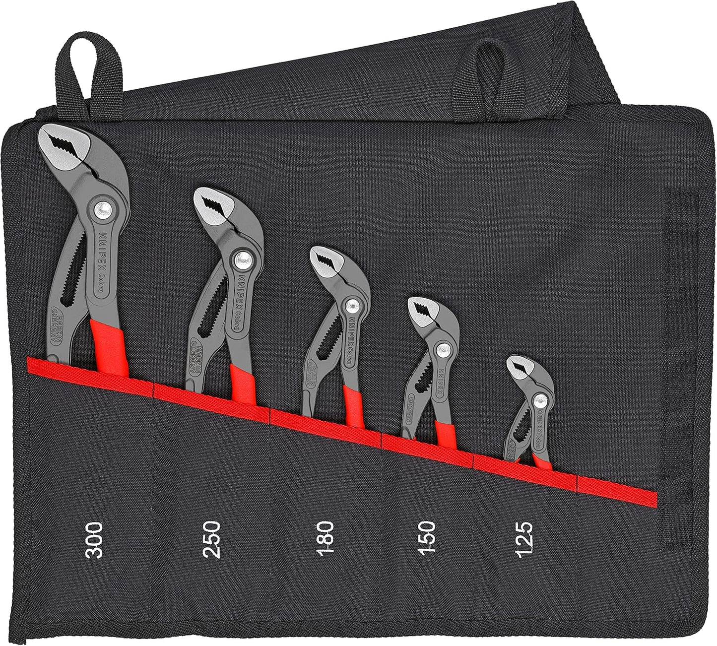 KNIPEX Cobra Set Water Pump Pliers Set, 5 Parts, 125 to 300 mm, Self-Locking Effect, in Roll-Up Bag, Tool Set, Pipe Wrench, 00 19 55 S5