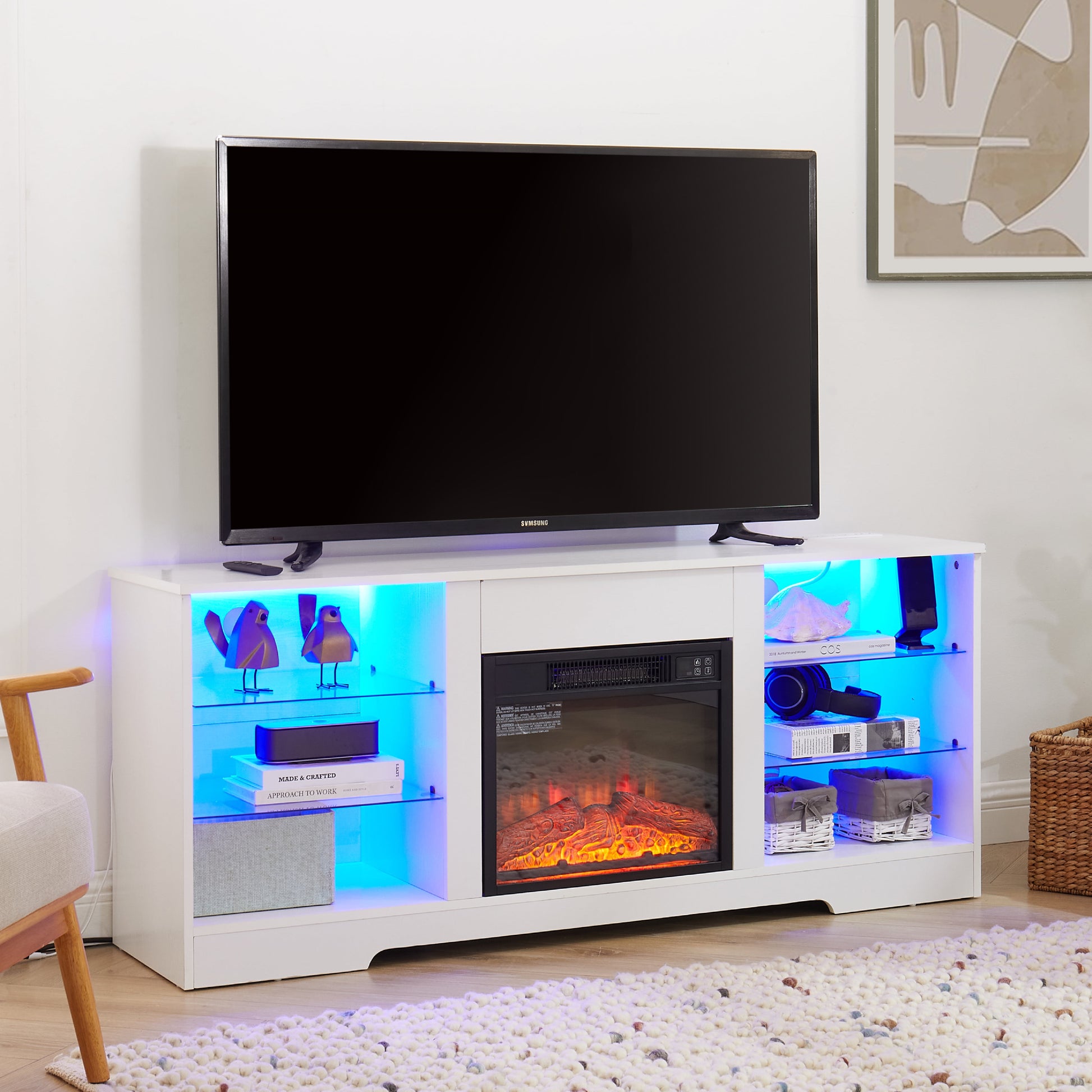 Aukfa Fireplace TV Stand for TVs up to 65" with LED & USB Charging Outlet for Living Room, Gray