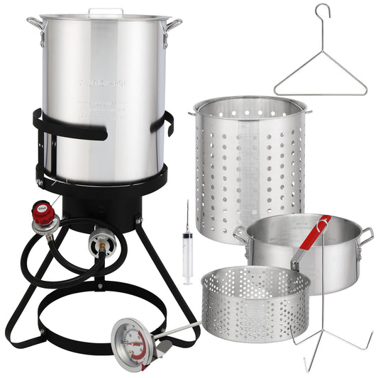 Black Round Iron Stove Frame, Silver Aluminum 30qt Turkey Pot 10qt Fish Pot, Gas Fryer - 13*32inch Four-Piece Set