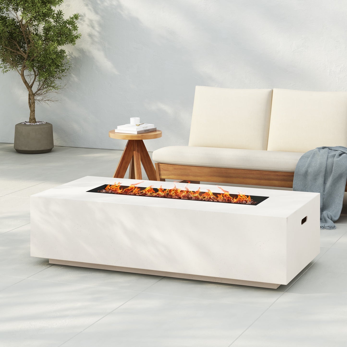 Christopher Knight Home Modern Outdoor 56" Rectangular Propane Fire Pit, 50,000 BTU, White MGO, (No Tank Cover)