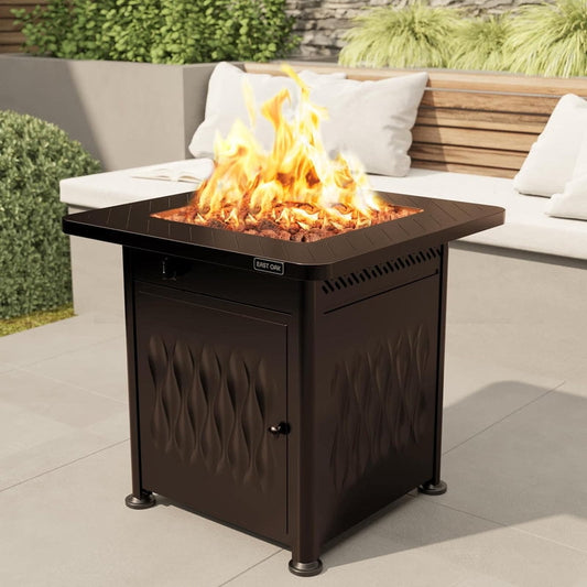 EAST OAK 28" 52000 BTU Propane Gas Fire Pit Table for Outside with Magnetic Lid Storage Basket & Lava Rocks CSA Certified for Patio, Chocolate Brown