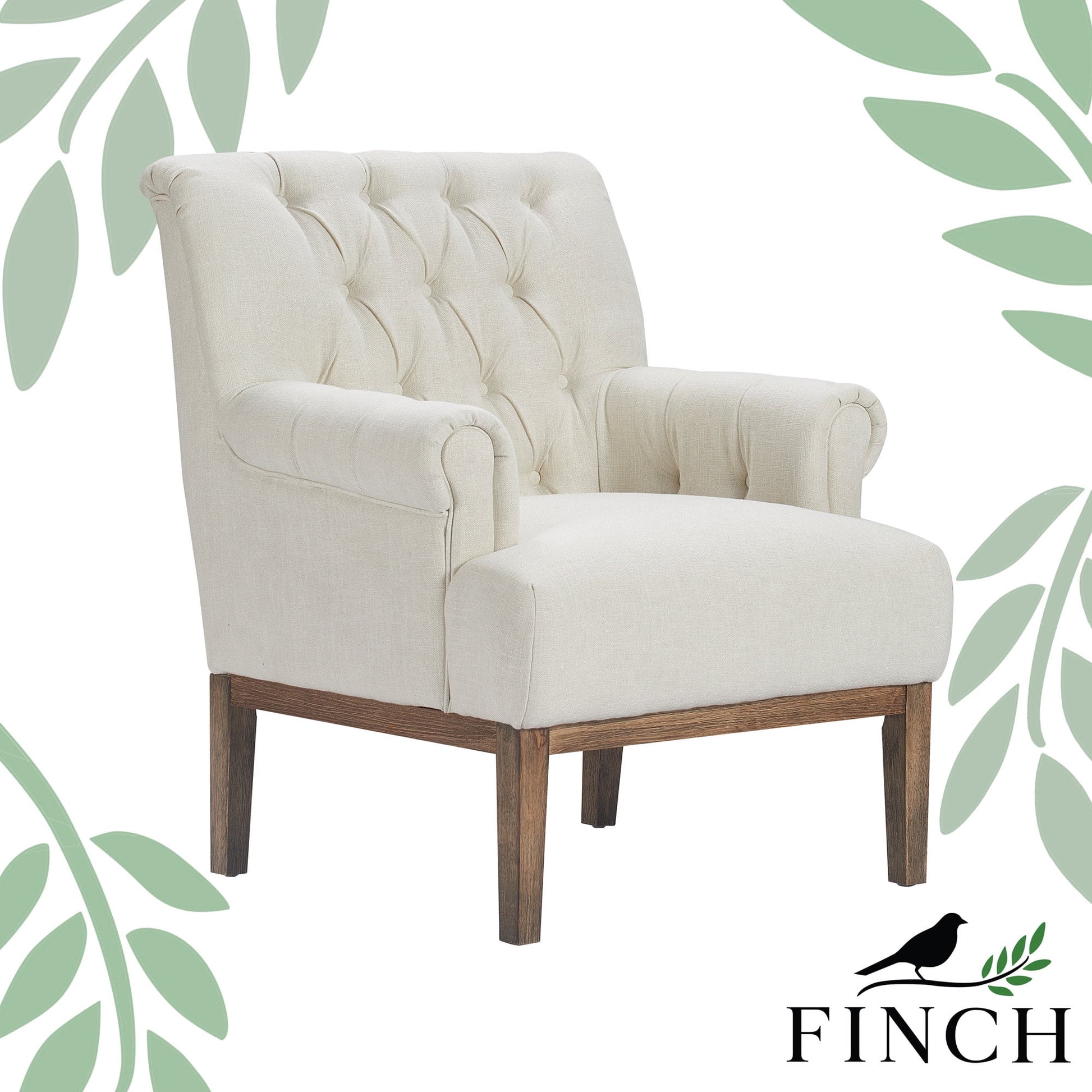 Finch Westport Tufted Upholstered Accent Chair with Wooden Legs, Ivory