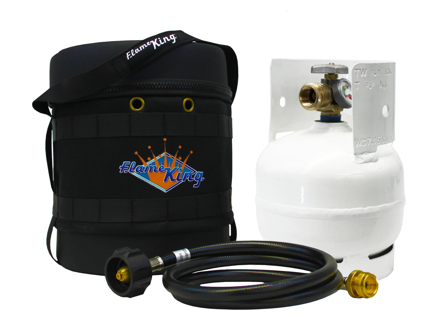 Flame King Gas Hauler Kit - Insulated Protective Carry Case, 3lb Propane Tank and Adapter Hose for Camping and Outdoor Adventures, Black/White