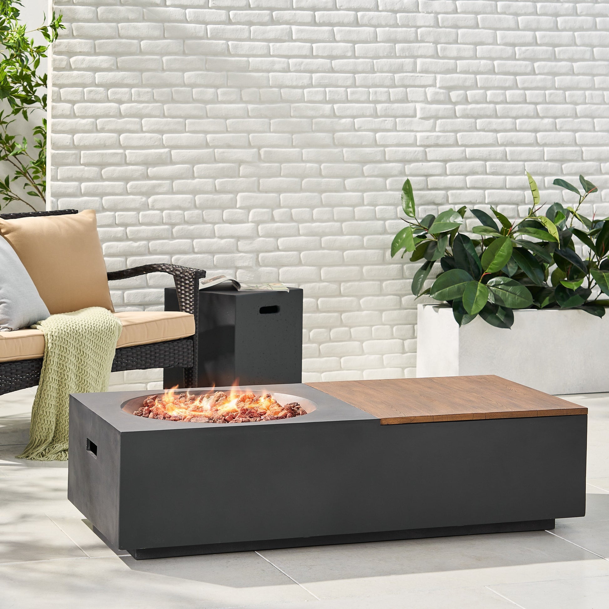 Flint Lightweight Concrete Outdoor 50,000 BTU Rectangular Fire Pit Table with Tank Holder, Dark Gray and Natural