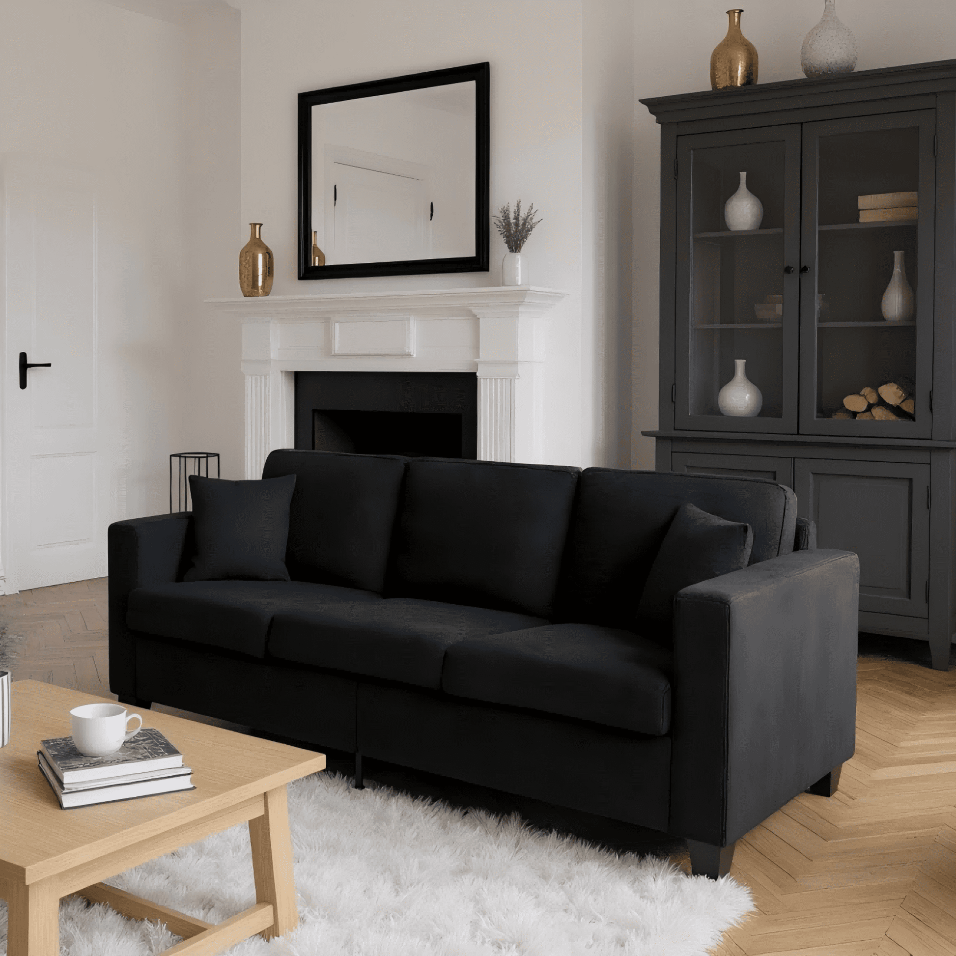 Gewnee 86.6”3-Seater Sofa Couch,Teddy Velvet Extra-Wide Deep Sofa Suitable for Living room, Bedroom, Office, and Reception Room(Black)