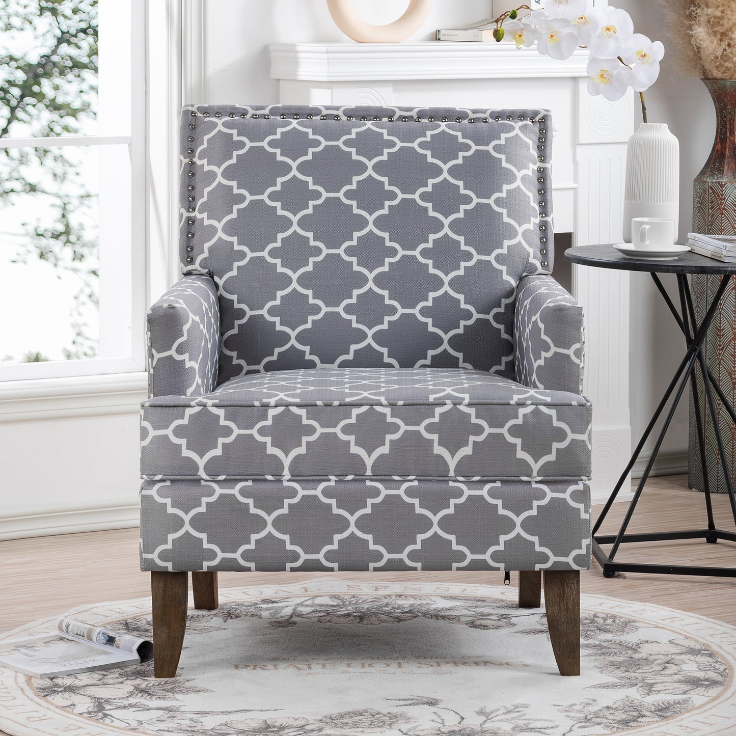 Gewnee Mid Century Armchair,Floral Print Accent Chair with Solid Wood Legs For Living Room,Gray