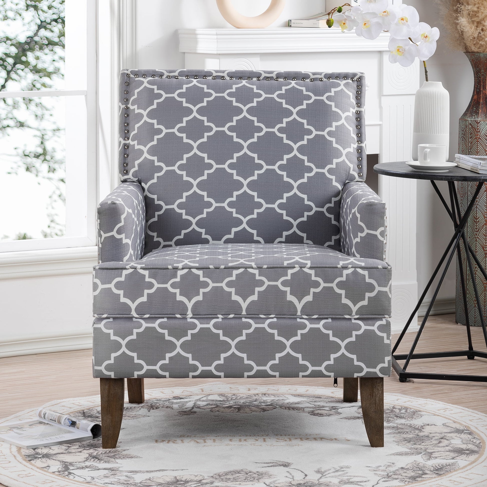 Gewnee Mid Century Armchair,Floral Print Accent Chair with Solid Wood Legs For Living Room,Gray