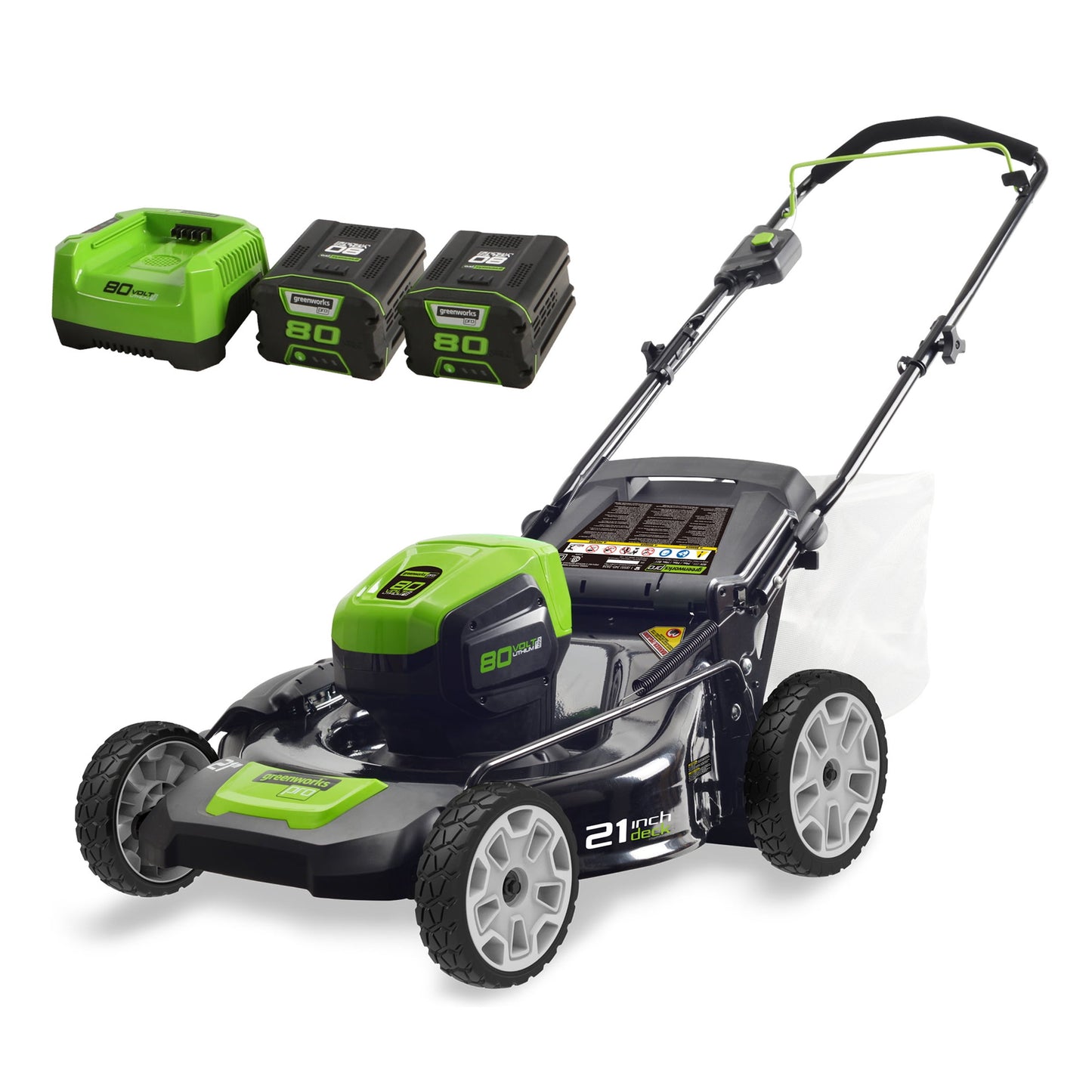 Greenworks 80V 21" Battery Powered Push Walk-Behind Mower + Two 2.0Ah Batteries & Charger