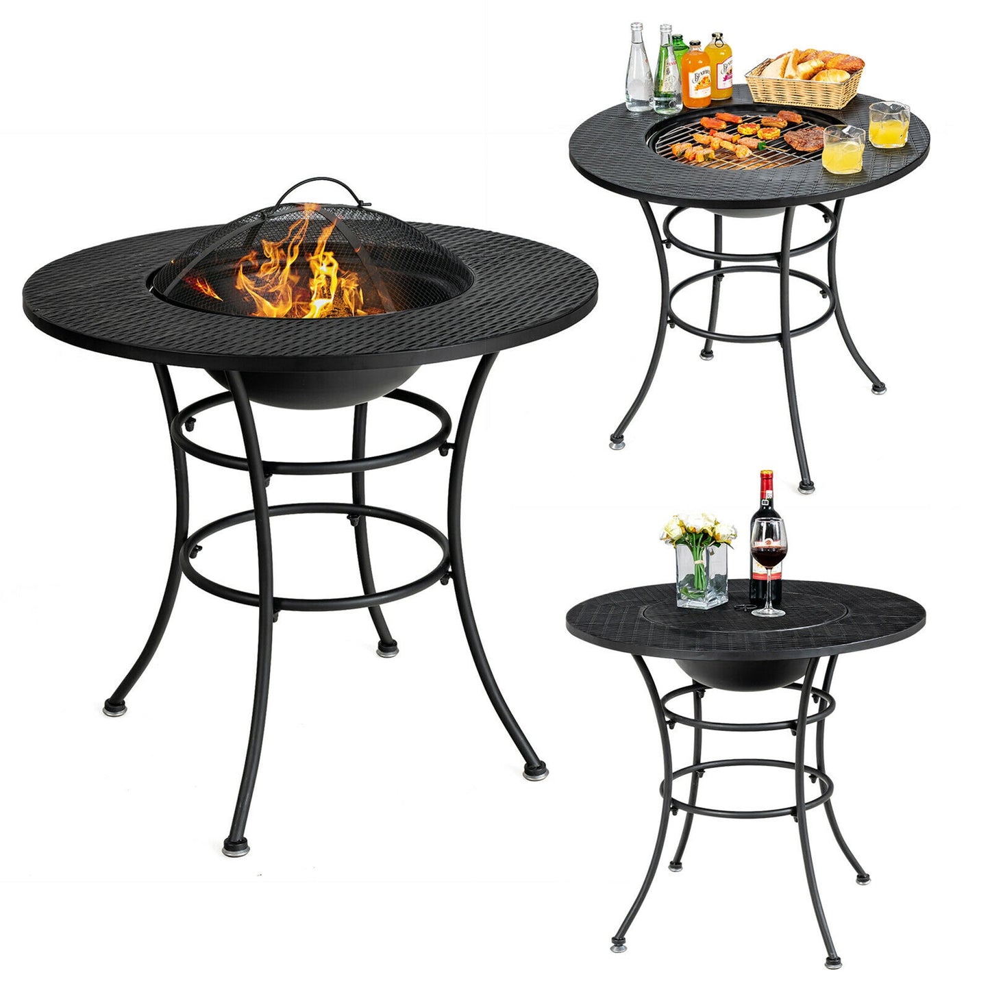 Gymax Fashion 31.5'' Patio Fire Pit Dining Table Charcoal Wood Burning W/ Cooking BBQ Grate