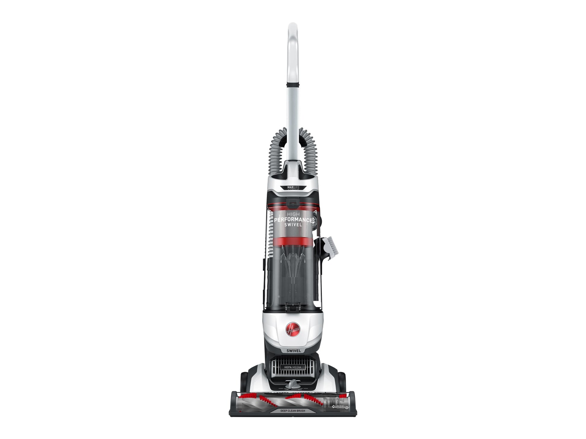 Hoover Bagless Upright Vacuum, High Performance, Pet Friendly, Swivel Design, with Dusting Brush, Extension Wand, HEPA Filter, Crevice & Upholstery Tool, 110 V Red/Grey