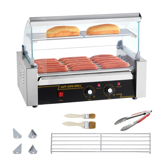 KFFKFF Backsplash & Shelf 1050W Electric 18 Hot Dog 7 Roller Grill Cooker Machine