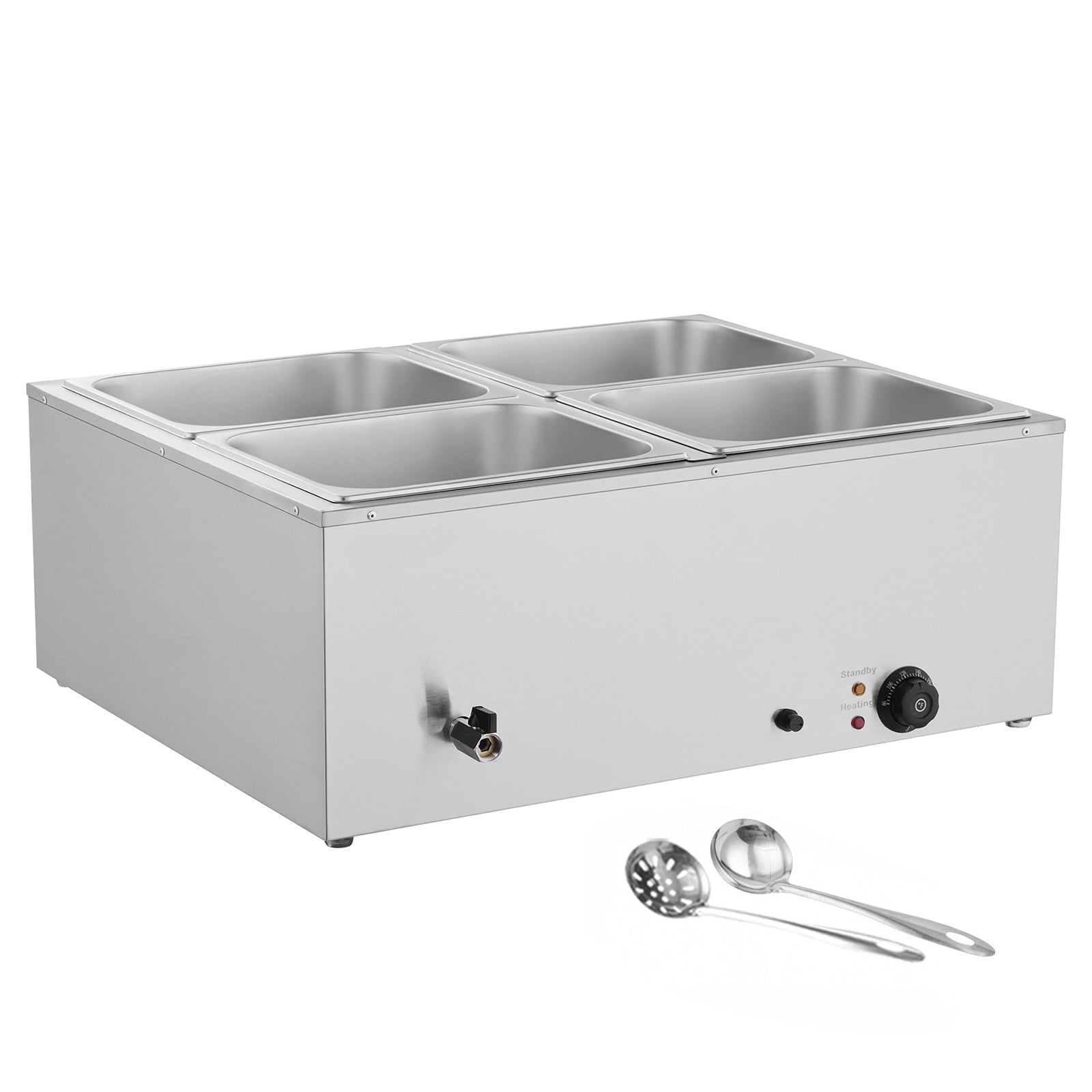 KFFKFF Commercial Food Warmer, 1500W Electric Stainless Steel Steam Heater with Lid, 4-Pan Countertop Buffet Bain Marie for Catering, Restaurants, and Events, Includes Soup & Perforated Ladles