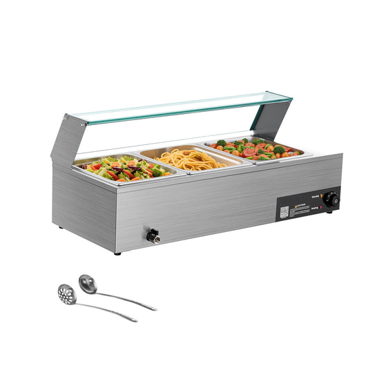 KFFKFF Commercial Food Warmer, 1500W Electric Stainless Steel Steam Warmer with Glass Lid, 3-Pan Countertop Buffet Bain Marie with Soup and Perforated Ladles, for Catering, Restaurants, and Events