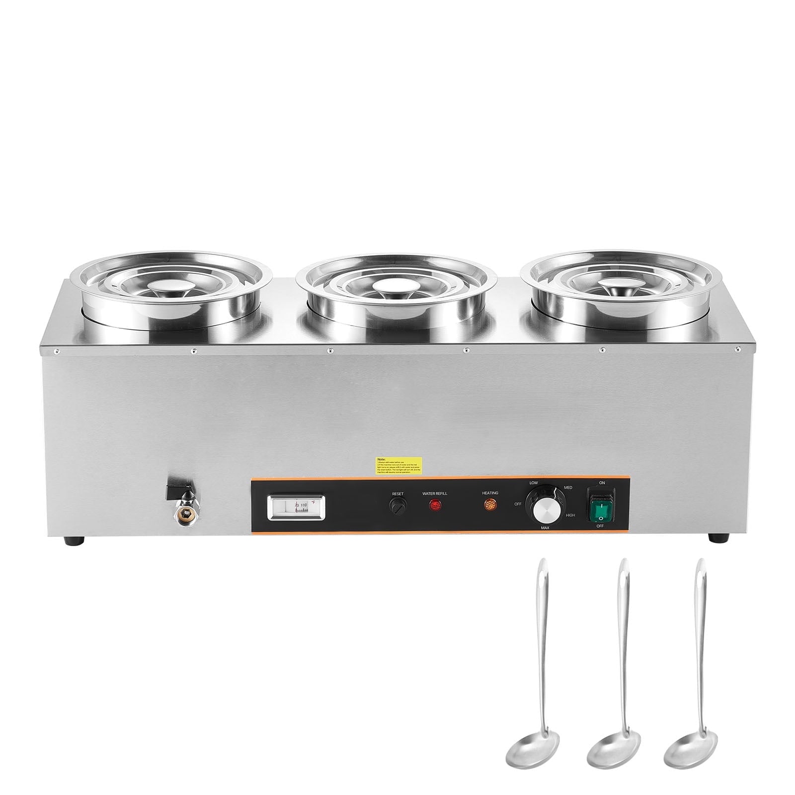 KFFKFF Commercial Soup Warmer, Electric Food Warmer Steam Table Countertop Bain Marie Three 6.34QT Stainless Steel Round Pot，86~185°F Adjustable Temp,1500W