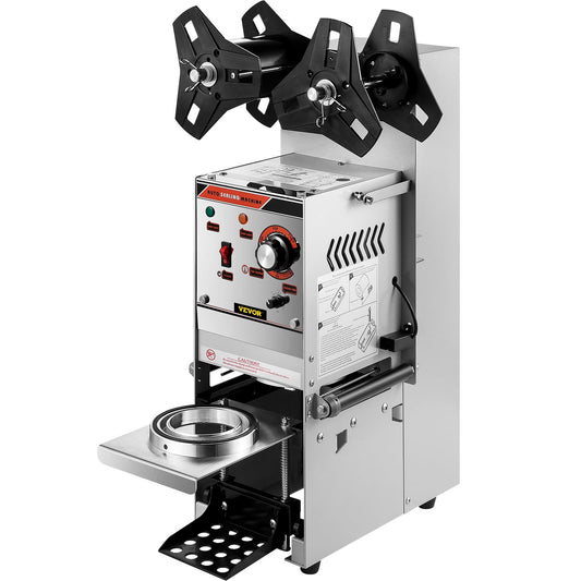 KFFKFF Half-Automatic Beverage Lid Applicator, Silver, 300-500 Units/h, Suitable for 90/95mm Diameter Cups, Comes with Control Panel, Ideal for Sealing Bubble Milk Tea Cups