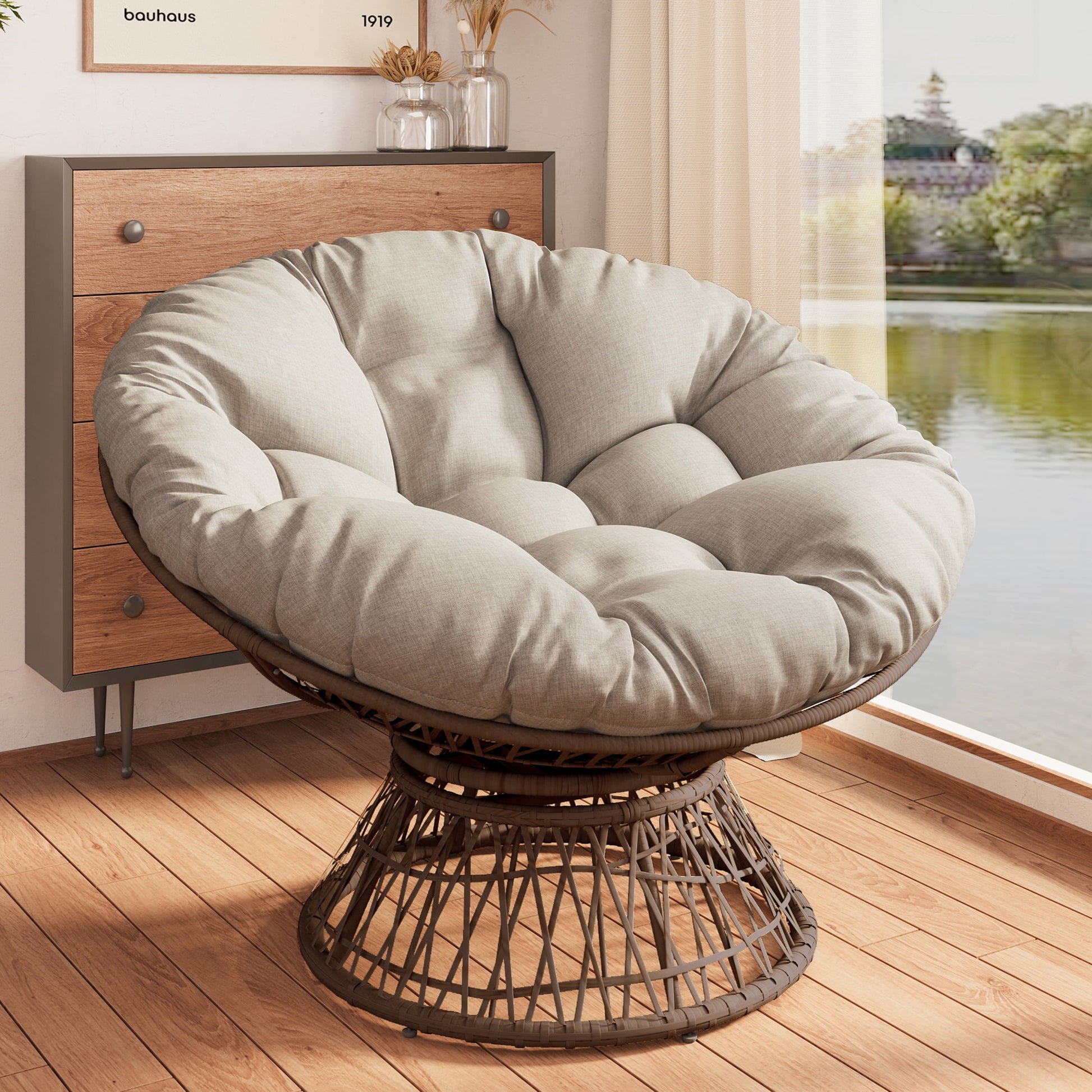 Leumius 41.5" Papasan Chair, Ergonomic Wicker Chair with Cloud Thick Density Fabric Cushion, Fluid 360 Degree Swivel for Reading,Living Room, Bedroom,Lounge,Gray Base, Beige