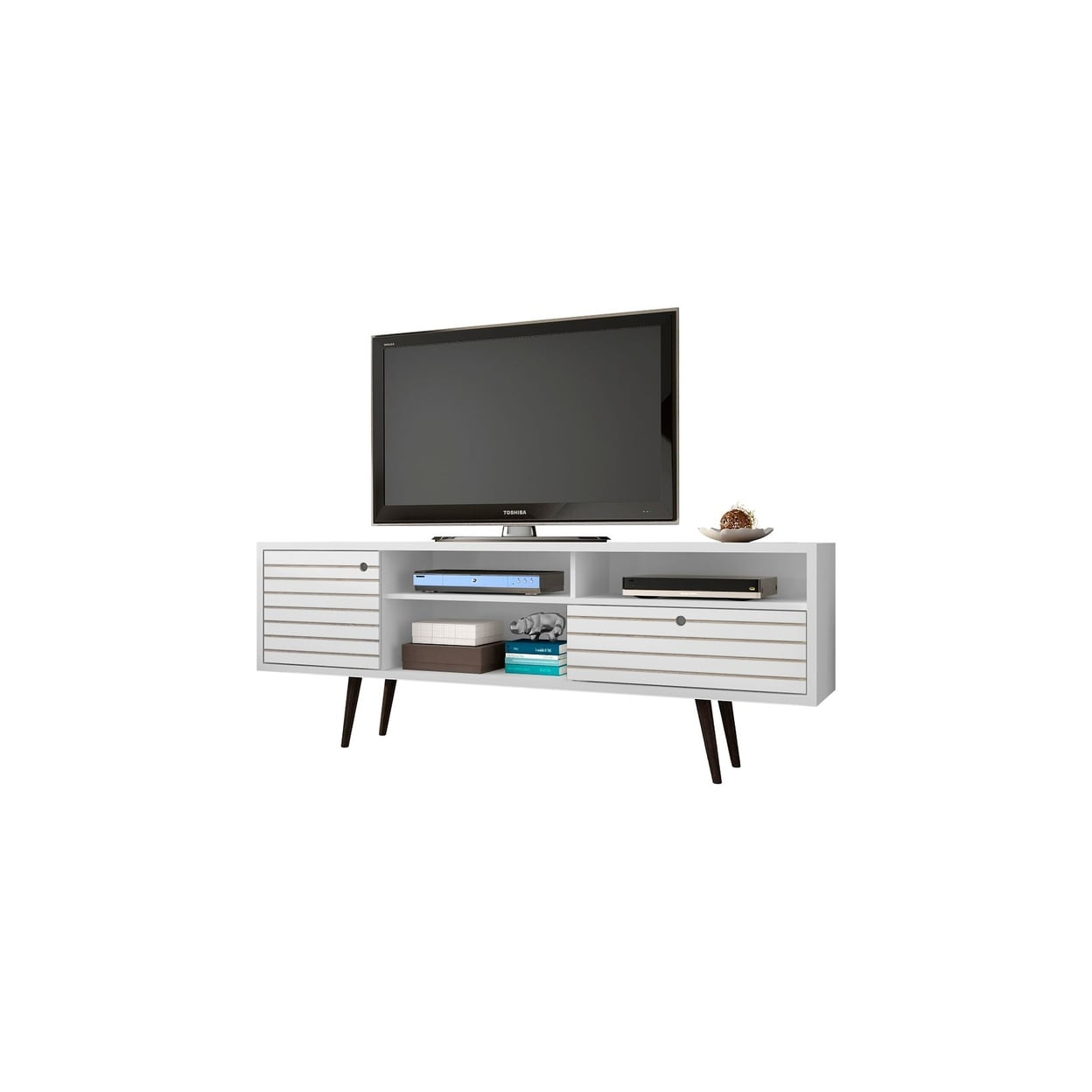 Liberty 70.86" Mid-Century Modern TV Stand with 4 Shelving Spaces and 1 Drawer  with Solid Wood Legs