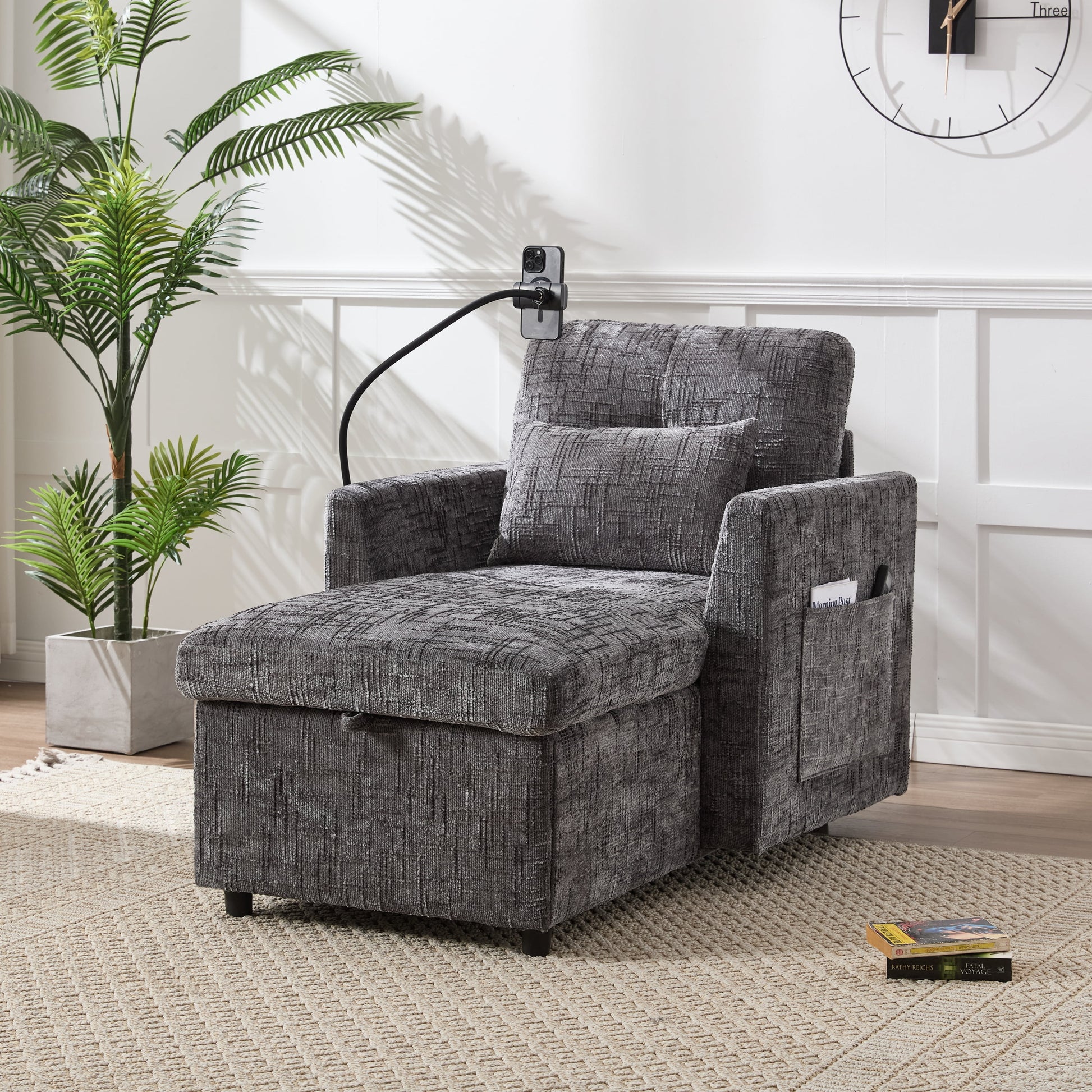 MOONMISS Chenille Upholstered Storage Lazy Single Leisure Chair Sofa with Phone Holder&Side Pocket-Gray