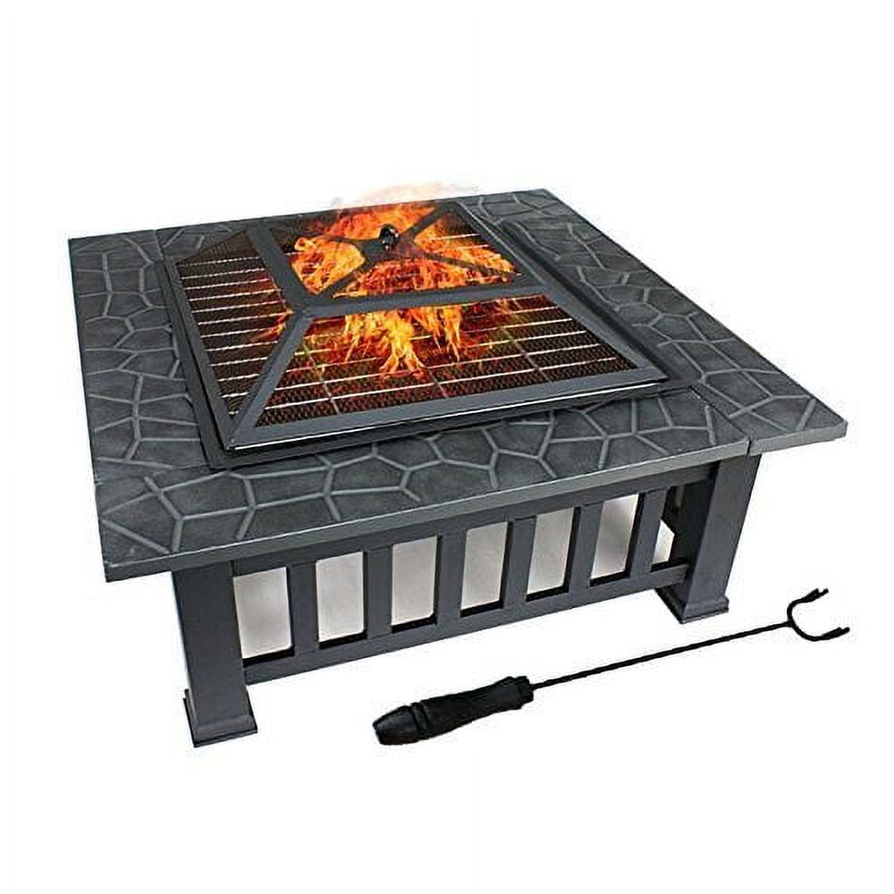 Multifunctional Fire Pit Table 32in Square Metal Firepit Stove Backyard Patio Garden Fireplace for Camping, Outdoor Heating, Bonfire and Picnic- Antique Gray
