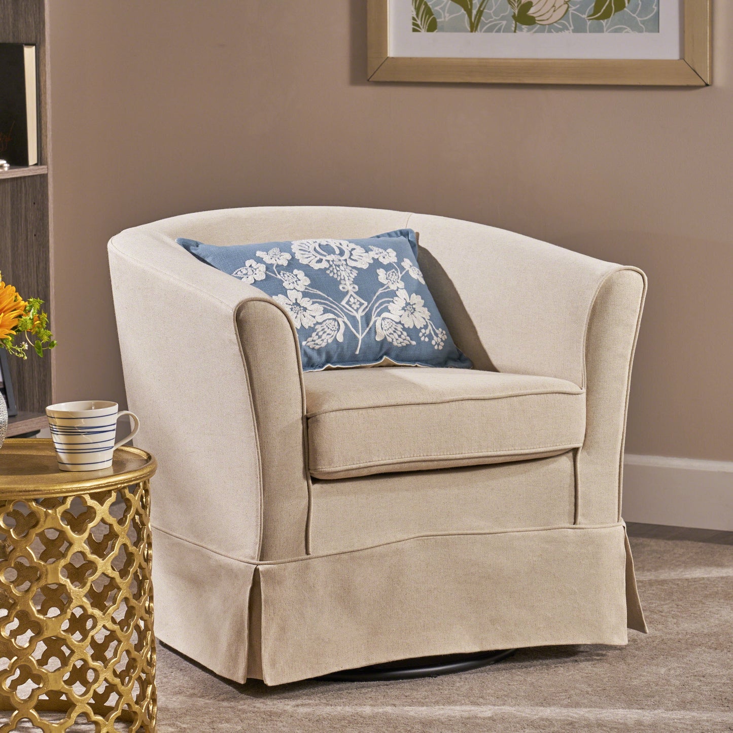 Noble House Celeste Natural Fabric Swivel Chair with Cover, Beige