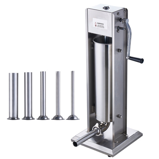 KFFKFF Manual Meat Stuffer, 7L/15LB Vertical Capacity, Dual-Speed, Made of 304 Stainless Steel, Includes 5 Stuffing Tubes, Ideal for Home and Restaurant Use