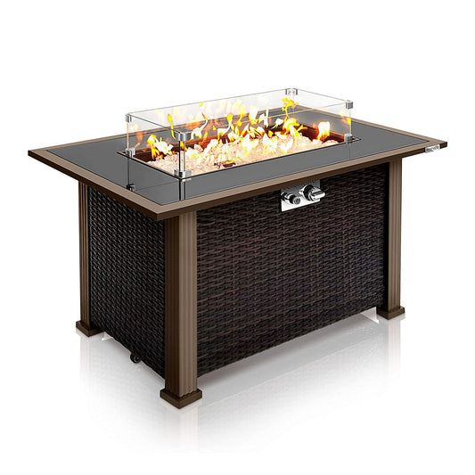 Serenelife Outdoor Rattan Propane Fire Pit Table with Glass Guard, Black