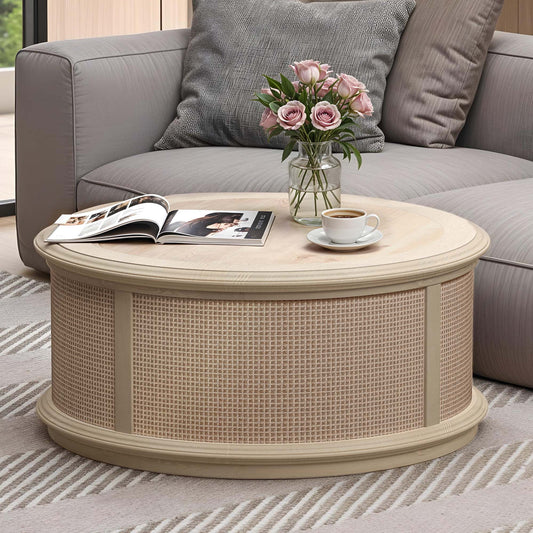 Uforic Multifunctional Round Rattan Lift-Top Coffee Table – Natural Wood Finish with Hidden Storage
