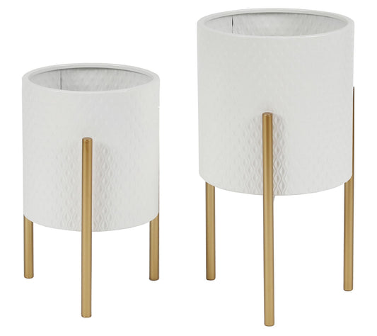 Luxen Home 2-Piece White Round Metal Planters and Stands