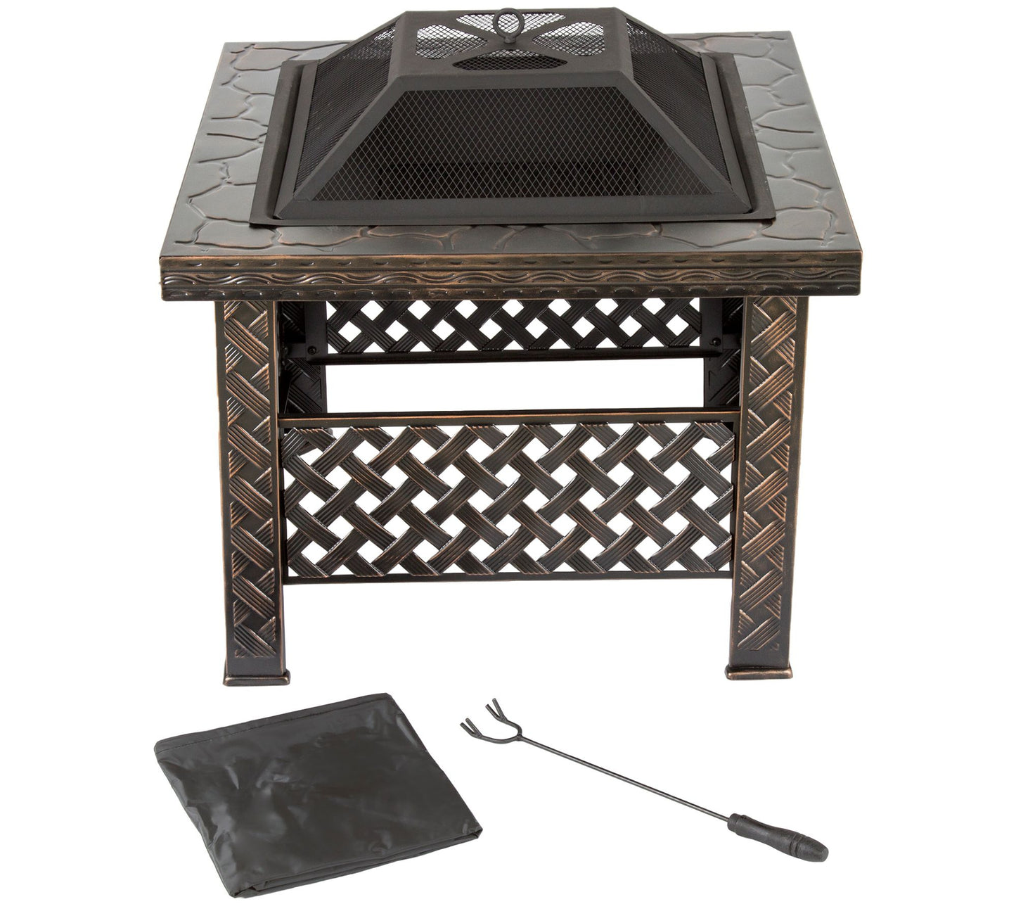 Pure Garden 26" Square Woven Metal Fire Pit with Cover